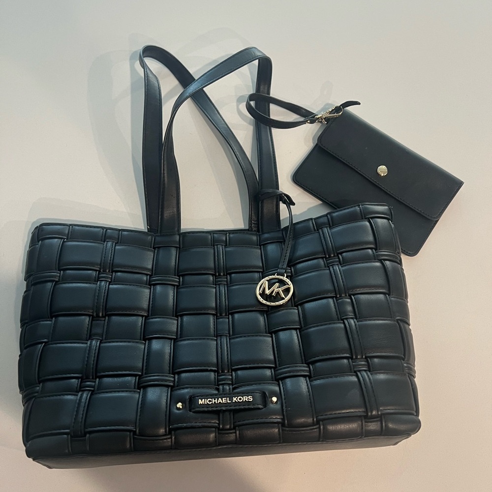 Michael Kors Ivy Black Leather Woven Medium Tote Bag